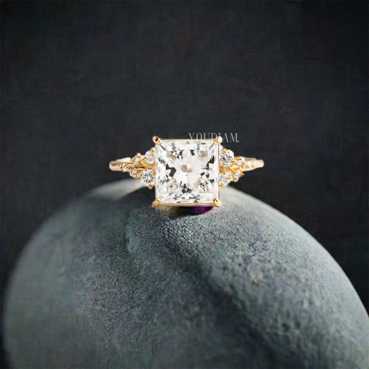 2ct Princess Cut Diamond Ring With 10 Accented Diamonds - EUDJLR45