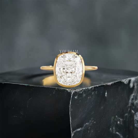 3ct Cushion Cut Lab Diamond Ring Set in Raised Bezel, Cushion Lab Diamond Ring - EUDJLR43