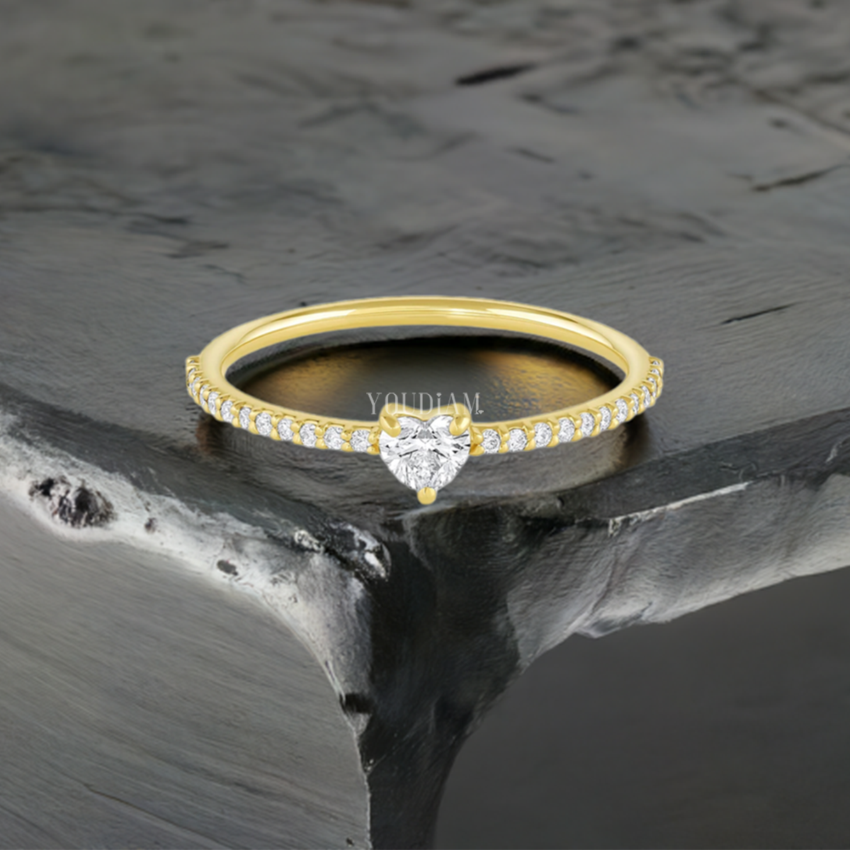 Dainty Heart Lab Diamond on a Pave Diamond Band, Dainty Lab Diamond Ring - EUDJLR55