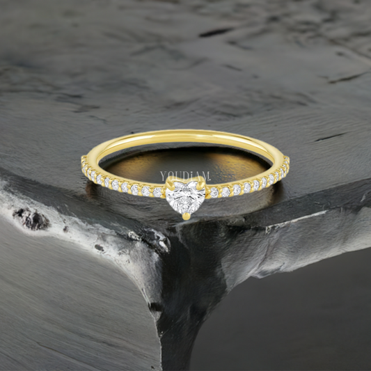 Dainty Heart Lab Diamond on a Pave Diamond Band, Dainty Lab Diamond Ring - EUDJLR55