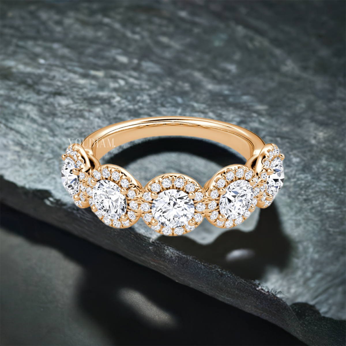 Five Round Lab Diamonds with Five Halo Band, Five Stones Band, Half Eternity Band - EUDJLR44