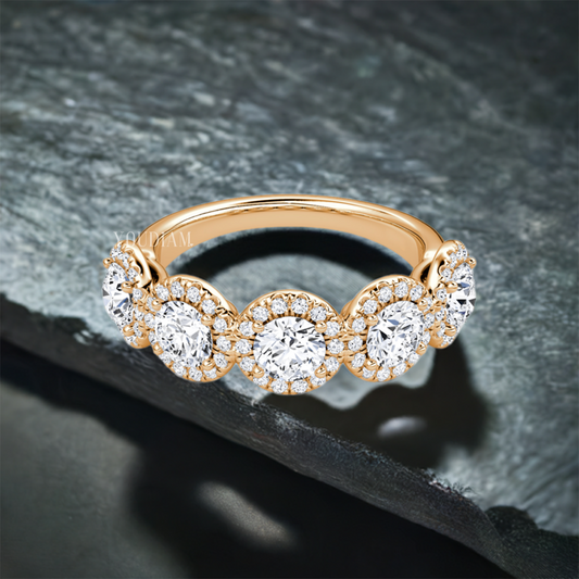 Five Round Lab Diamonds with Five Halo Band, Five Stones Band, Half Eternity Band - EUDJLR44