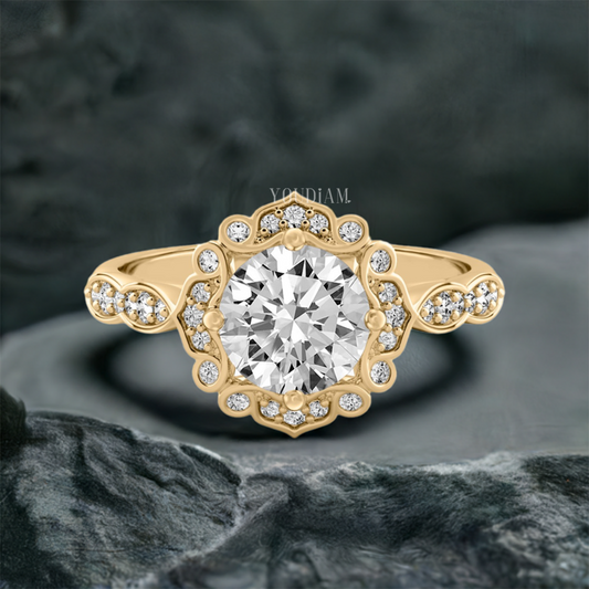 Floral Engagement Ring with Ornately Designed Halo, Floral Lab Diamond Ring - EUDJLR51