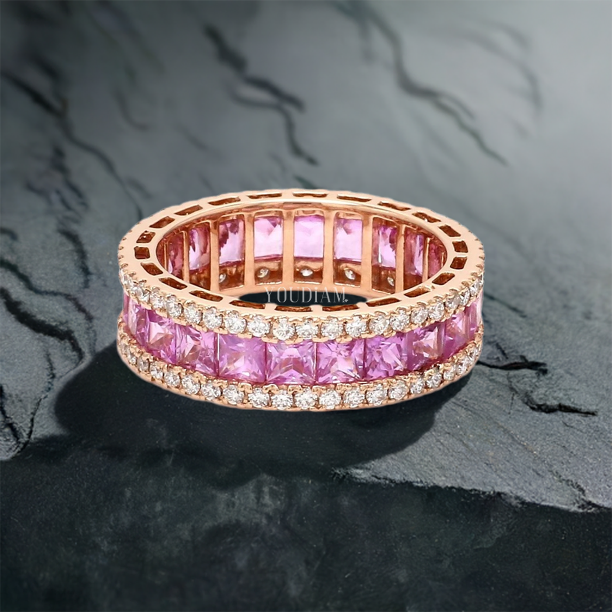 Princess Cut Natural Pink Sapphire Eternity Band Ring in Natural Channel Setting - EUDJLR65