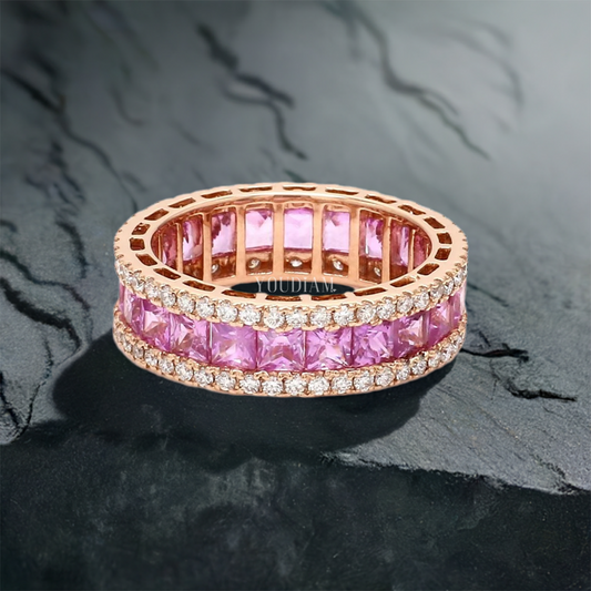 Princess Cut Natural Pink Sapphire Eternity Band Ring in Natural Channel Setting - EUDJLR65