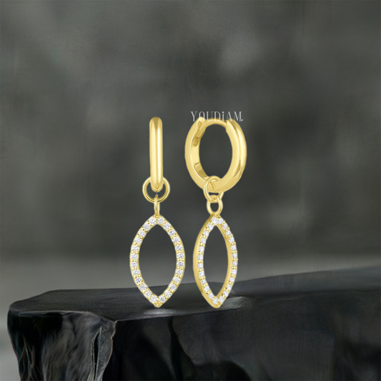 Petal Border Pave Lab Diamond Drop Hoops, Petal Shape Diamonds Earrings - EUDER08