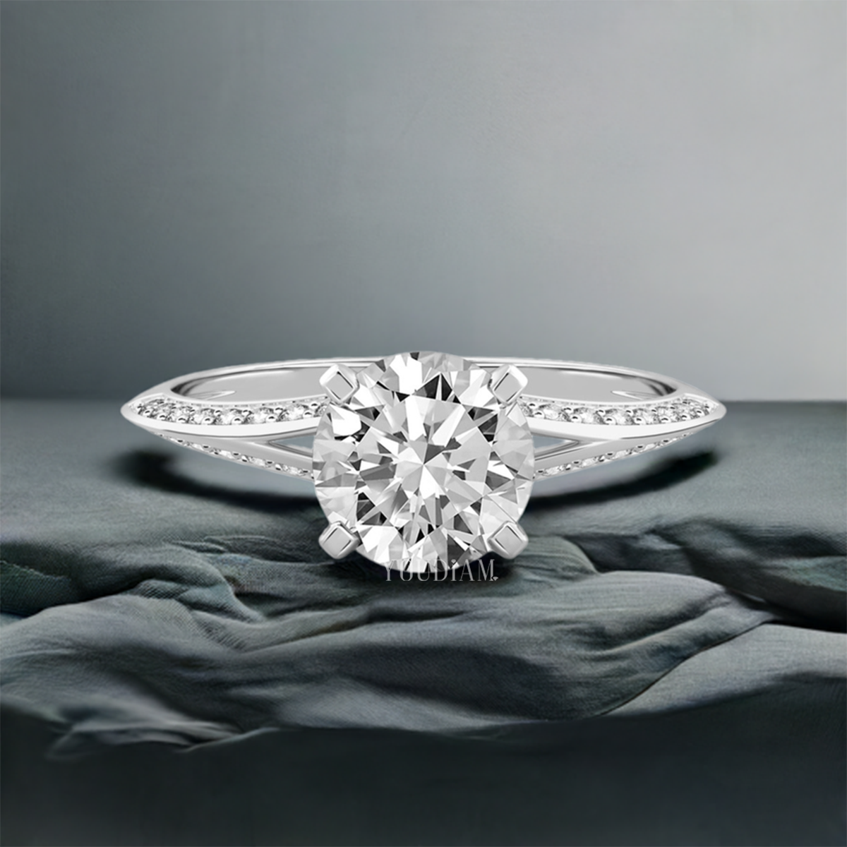 Petite Twist Lab Diamond Ring with Split-Shank Knife Edge and Pave Diamonds - EUDJLR50