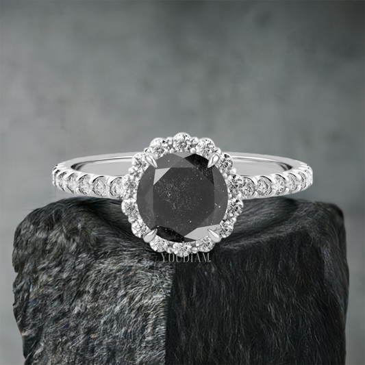 Round Salt and Pepper Diamond Ring with Halo and Dainty Band, Night Sky Style Ring - EUDJLR52