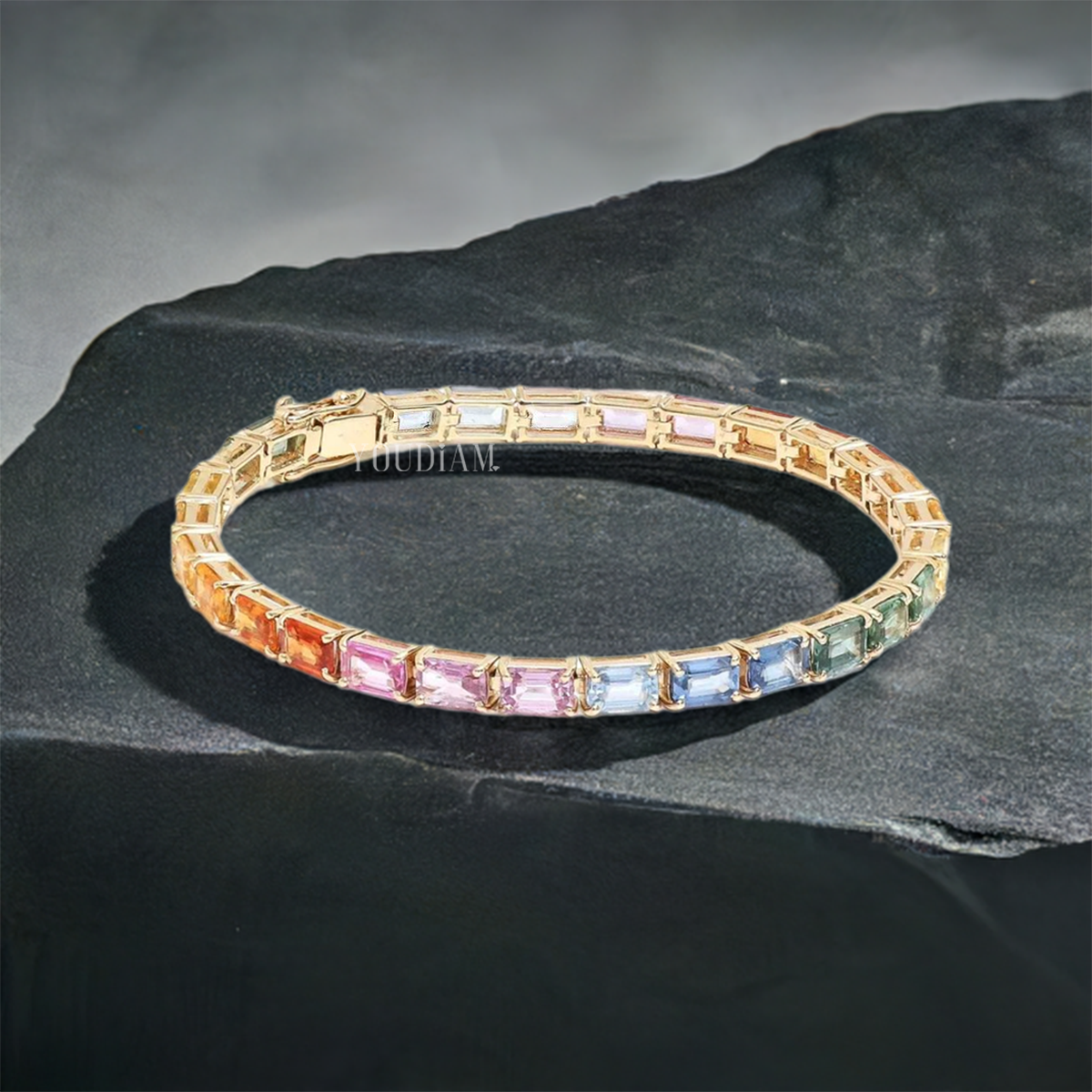 18ct Tennis Bracelet with Bright Rainbow Sapphires in Emerald Cut - EUDBL02