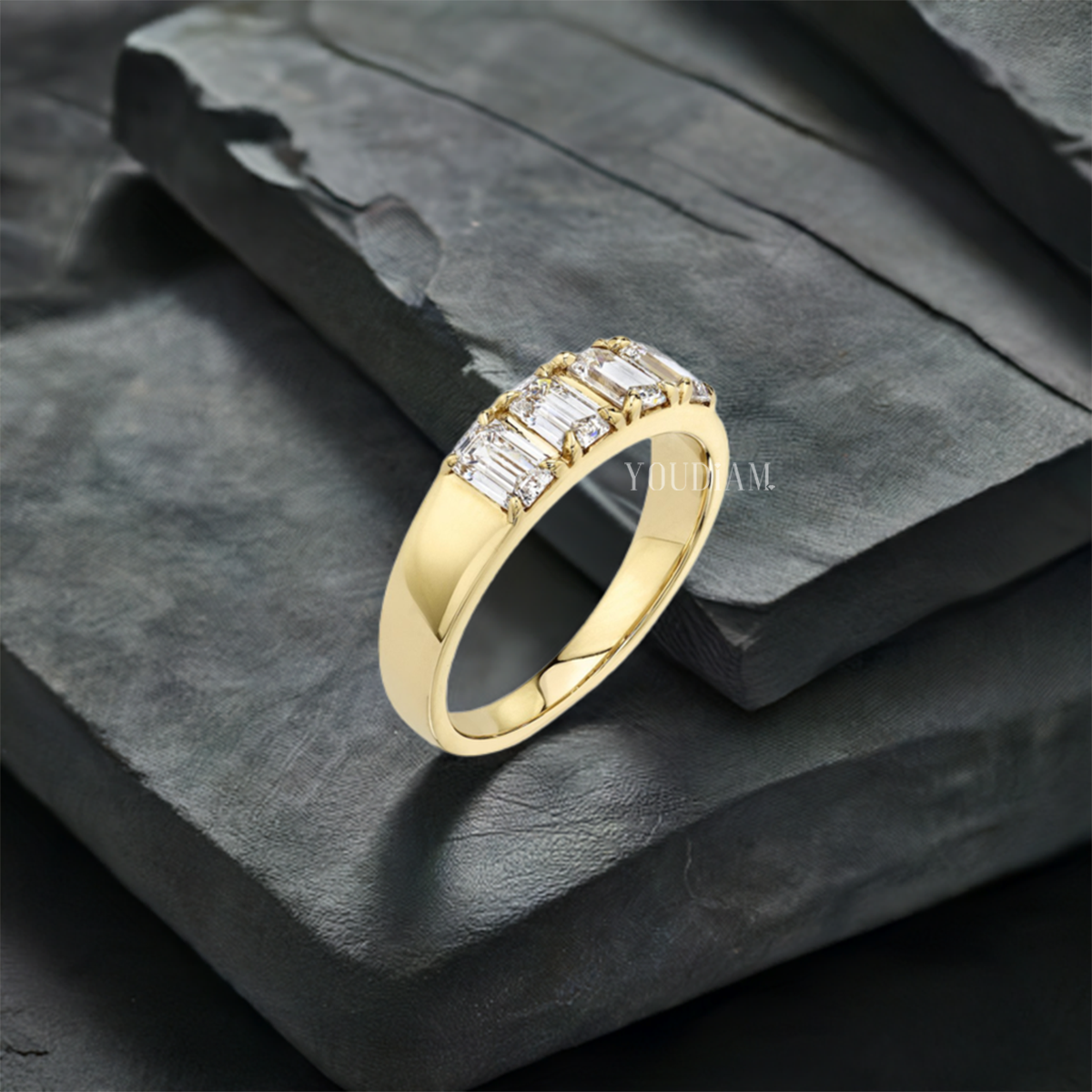 Tetrad Emerald Ring, Four Emerald Cut Lab Diamonds Band