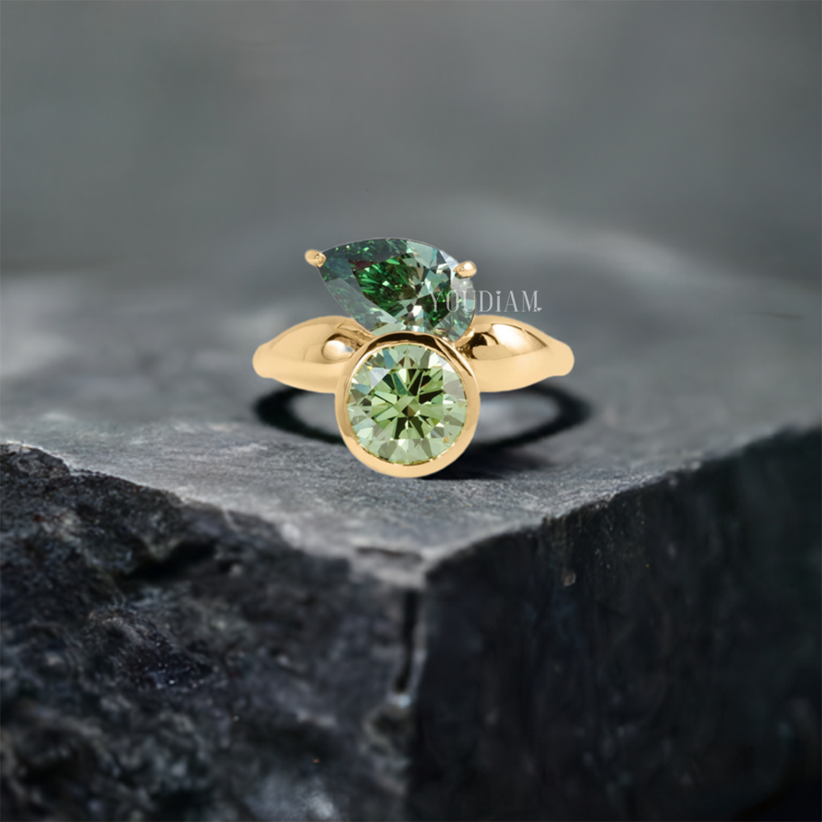 Toi Et Moi Ring with Green Pear and Round Lab Diamonds, Toi Et Moi with Pear and Round - EUDJLR47