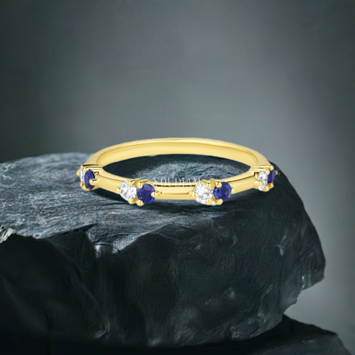 White Lab Diamond and Blue Sapphire Alternately Set Band, Blue Sapphire Band - EUDJLR60