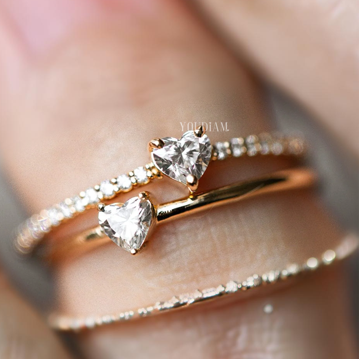 Dainty Heart Lab Diamond on a Pave Diamond Band, Dainty Lab Diamond Ring - EUDJLR55