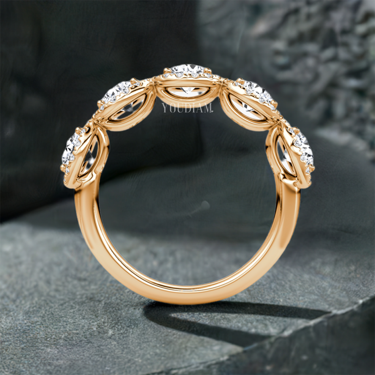 Five Round Lab Diamonds with Five Halo Band, Five Stones Band, Half Eternity Band - EUDJLR44