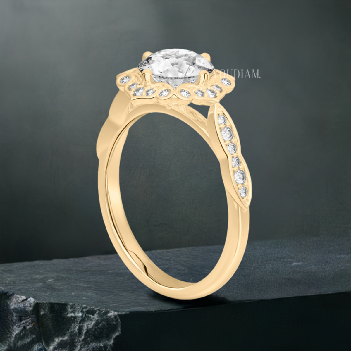 Floral Engagement Ring with Ornately Designed Halo, Floral Lab Diamond Ring - EUDJLR51
