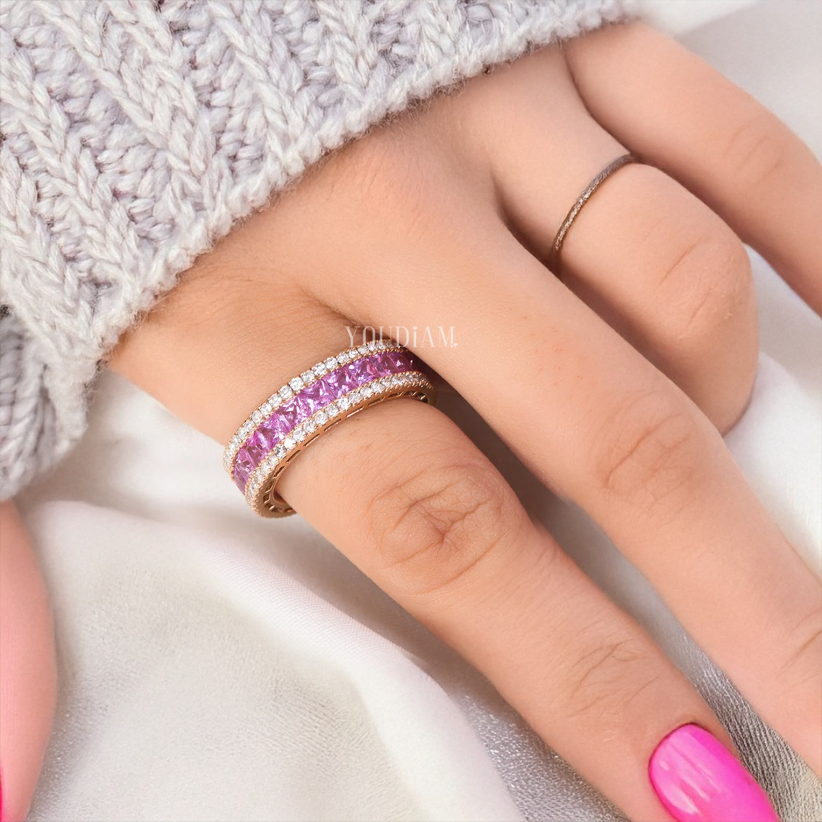 Princess Cut Natural Pink Sapphire Eternity Band Ring in Natural Channel Setting - EUDJLR65