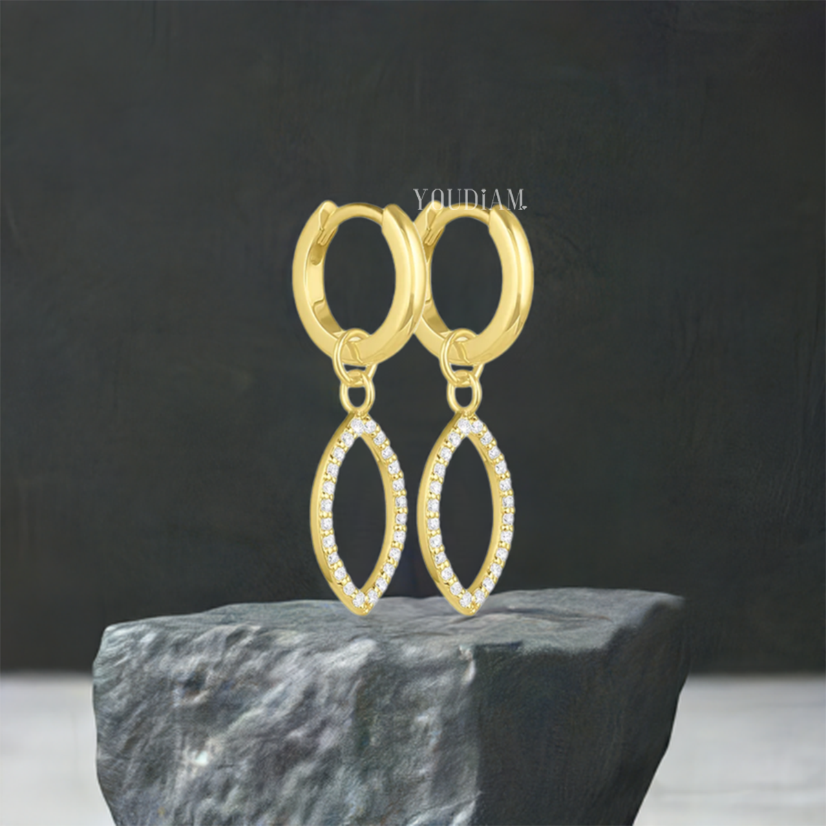 Petal Border Pave Lab Diamond Drop Hoops, Petal Shape Diamonds Earrings - EUDER08