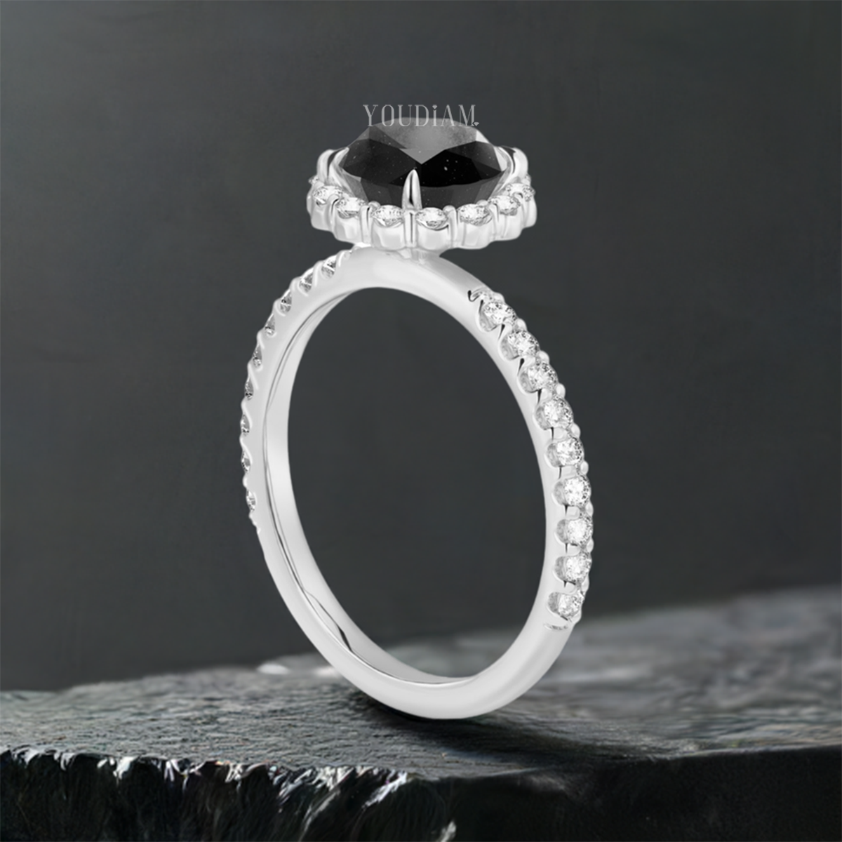 Round Salt and Pepper Diamond Ring with Halo and Dainty Band, Night Sky Style Ring - EUDJLR52