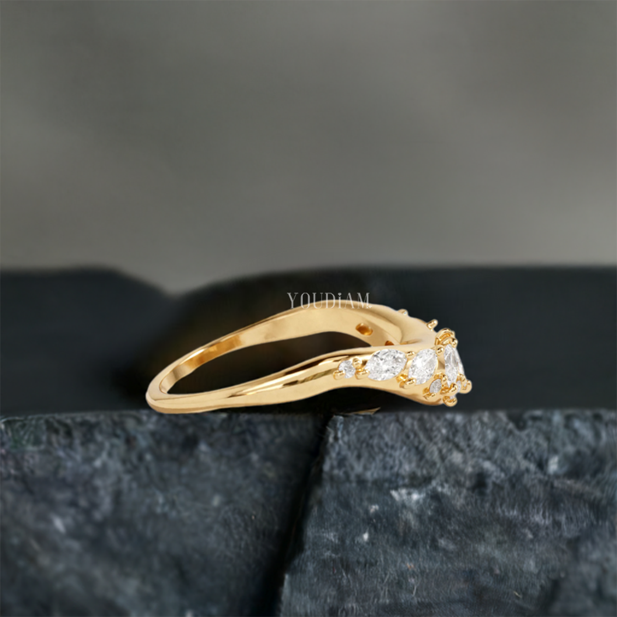 Stacking Band with Marquise Lab Diamonds, Curved Wedding Band - EUDJLR41