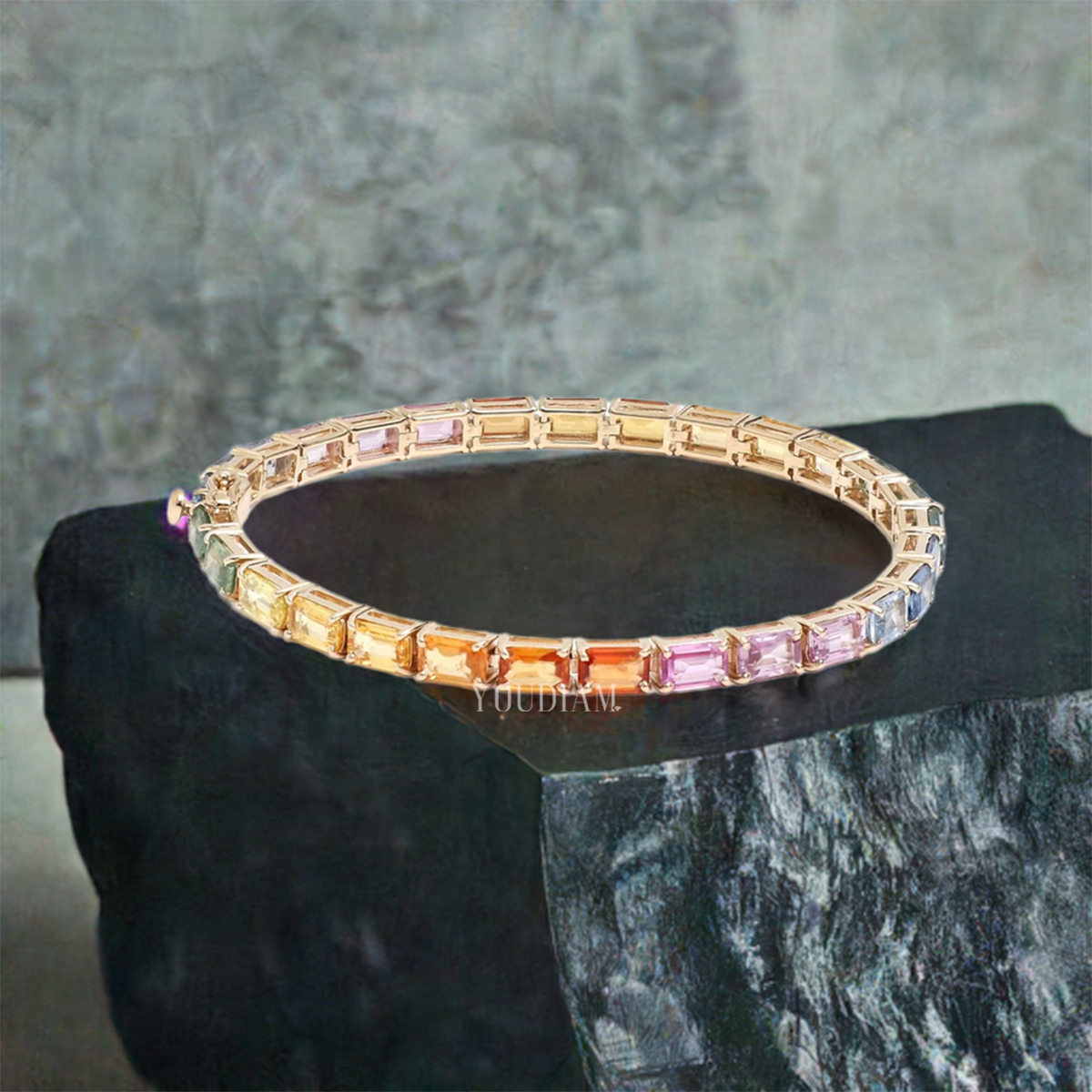 18ct Tennis Bracelet with Bright Rainbow Sapphires in Emerald Cut - EUDBL02