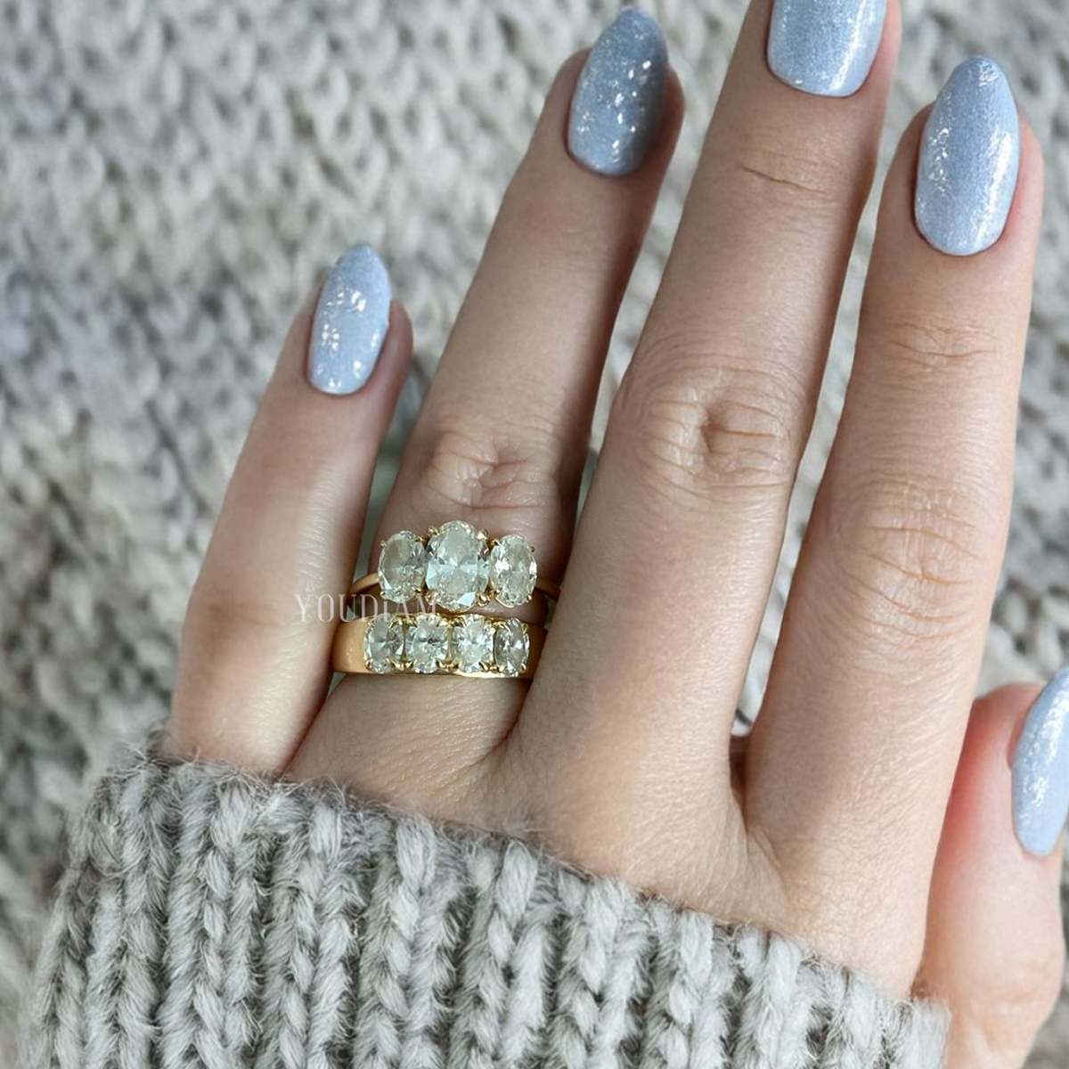 Tetrad Emerald Ring, Four Emerald Cut Lab Diamonds Band