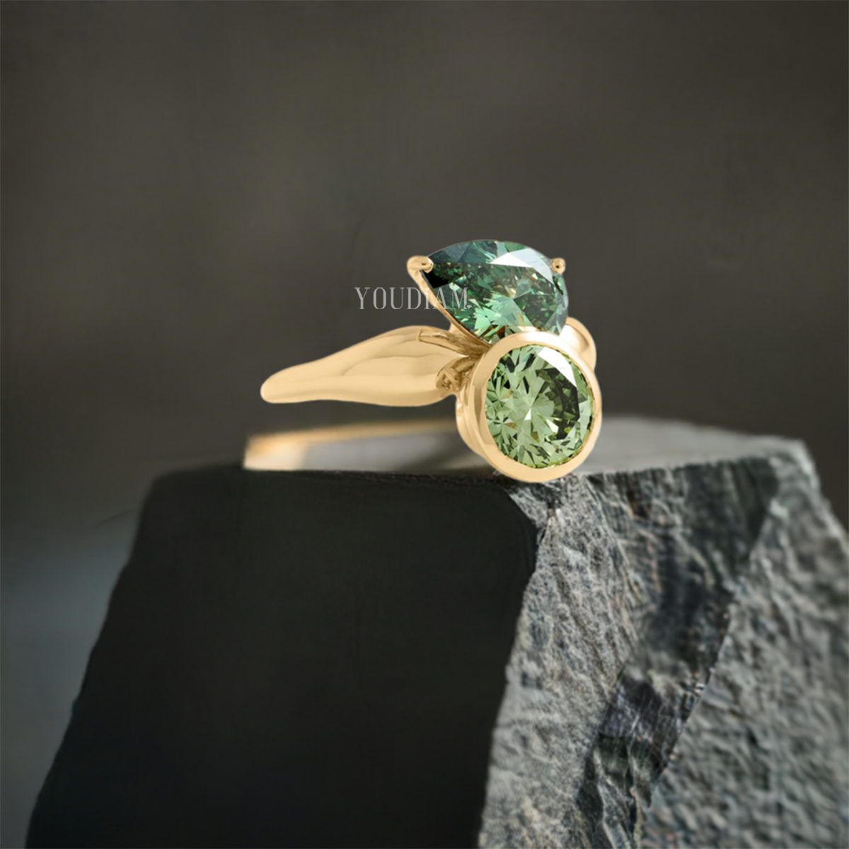 Toi Et Moi Ring with Green Pear and Round Lab Diamonds, Toi Et Moi with Pear and Round - EUDJLR47