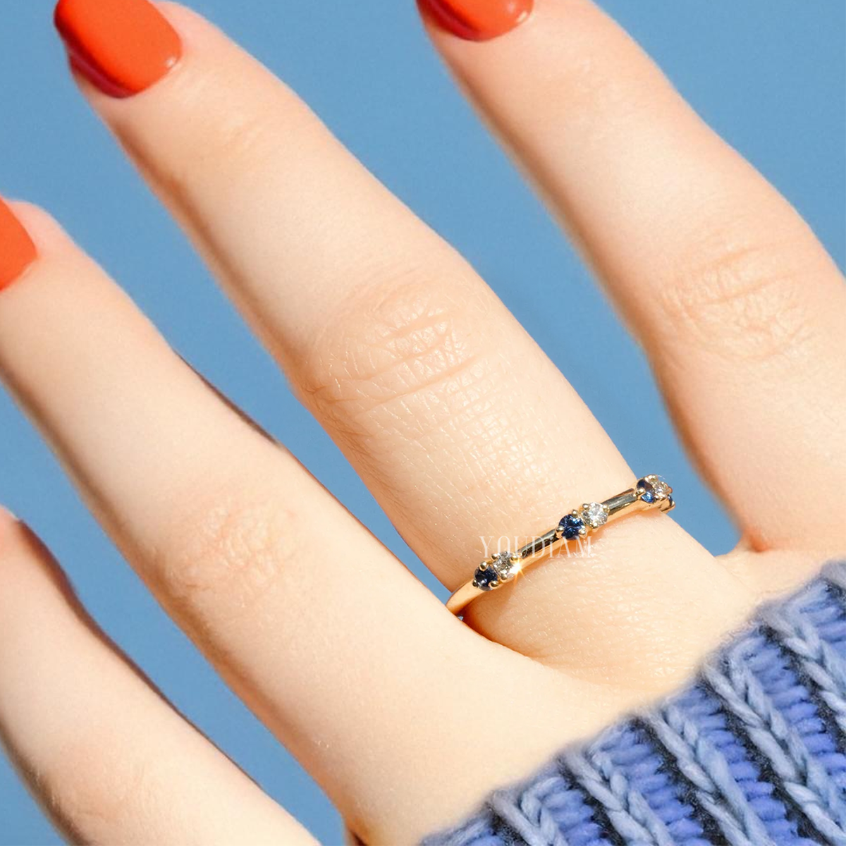 White Lab Diamond and Blue Sapphire Alternately Set Band, Blue Sapphire Band - EUDJLR60