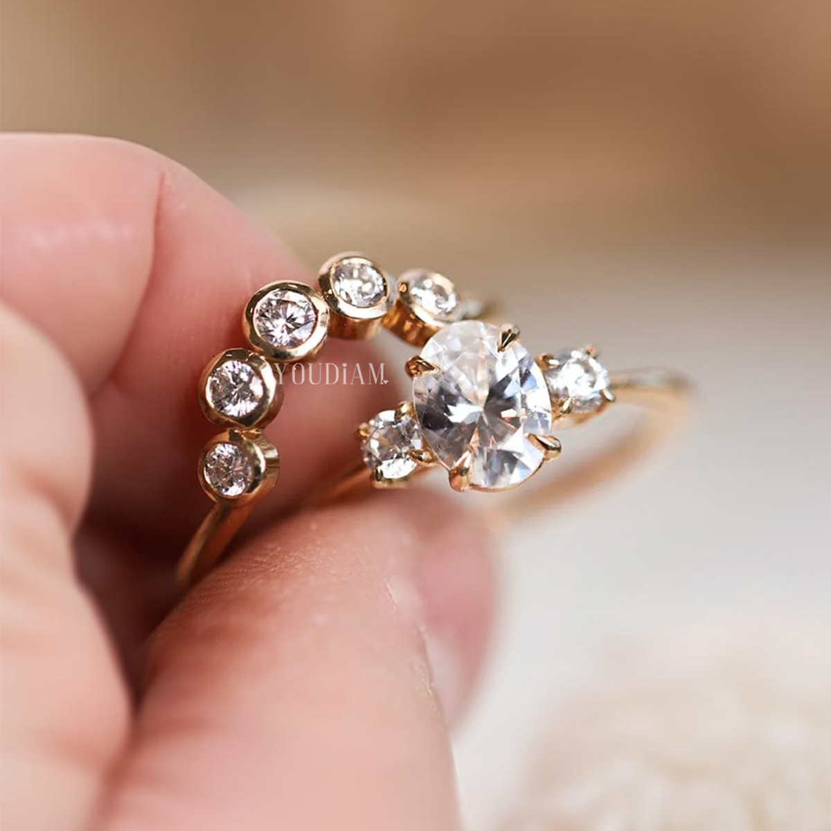 Curved Band with Five Lab Diamonds, Stacking Band In Lab Diamonds - EUDJLR58