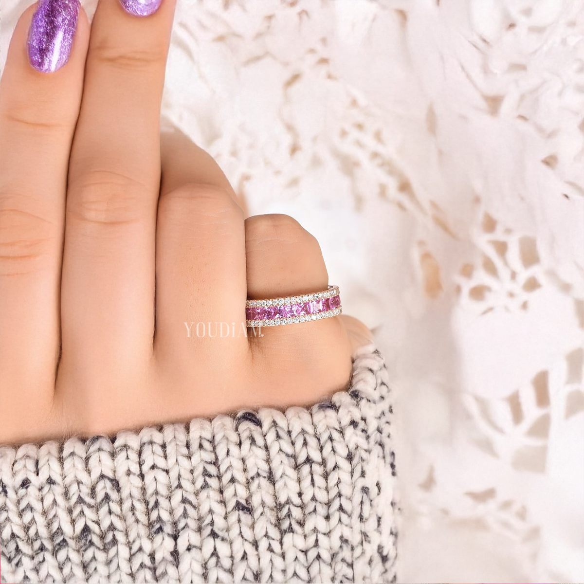 Princess Cut Natural Pink Sapphire Eternity Band Ring in Natural Channel Setting - EUDJLR65