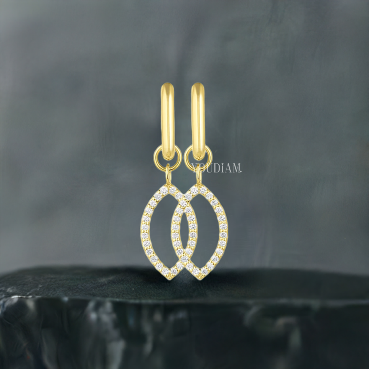 Petal Border Pave Lab Diamond Drop Hoops, Petal Shape Diamonds Earrings - EUDER08