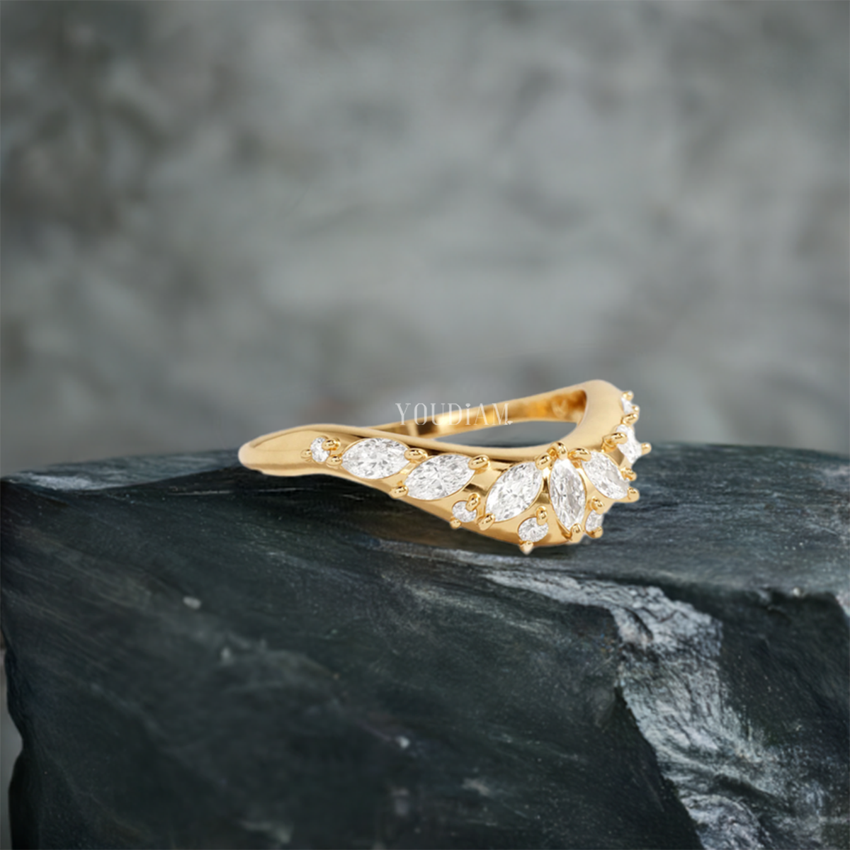 Stacking Band with Marquise Lab Diamonds, Curved Wedding Band - EUDJLR41