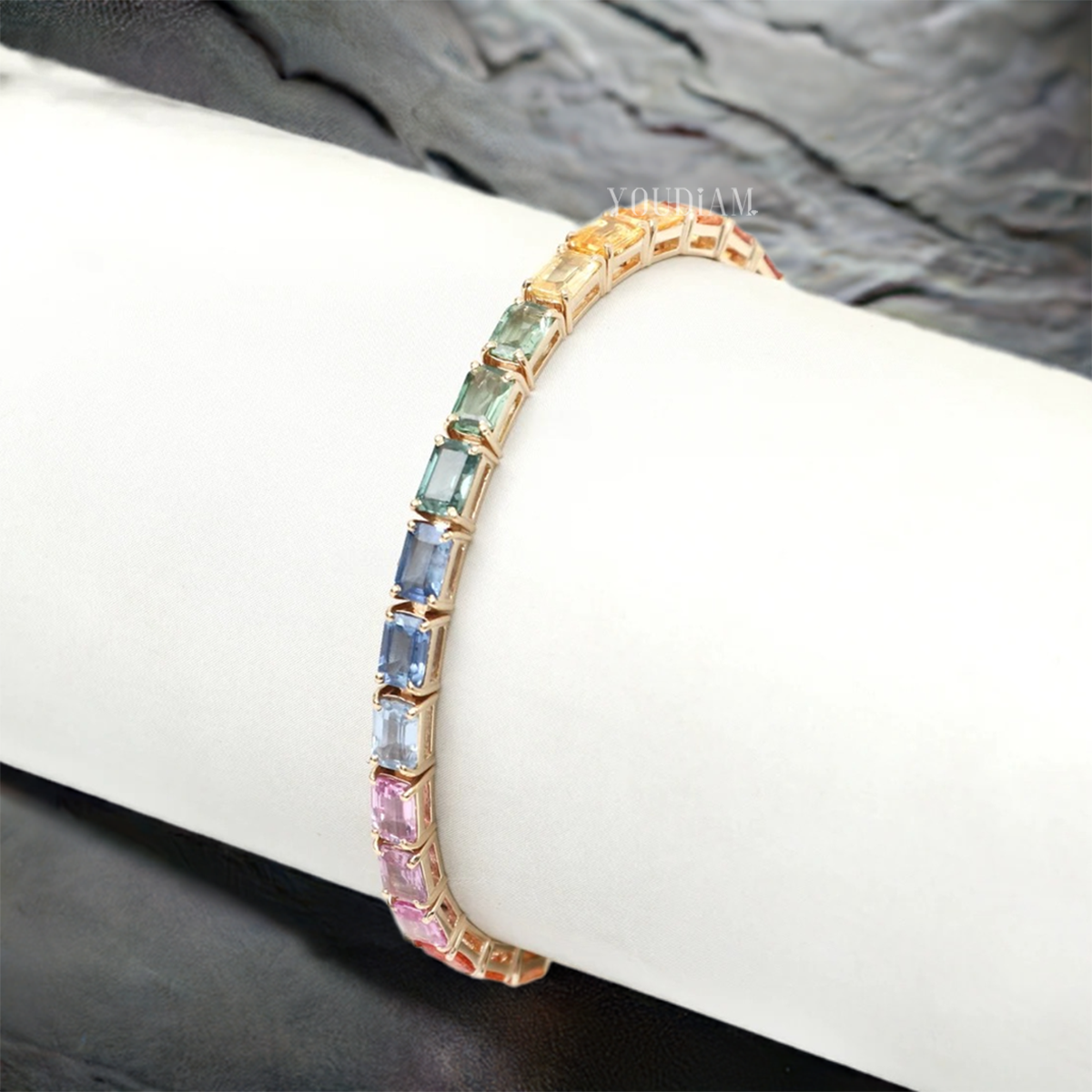 18ct Tennis Bracelet with Bright Rainbow Sapphires in Emerald Cut - EUDBL02