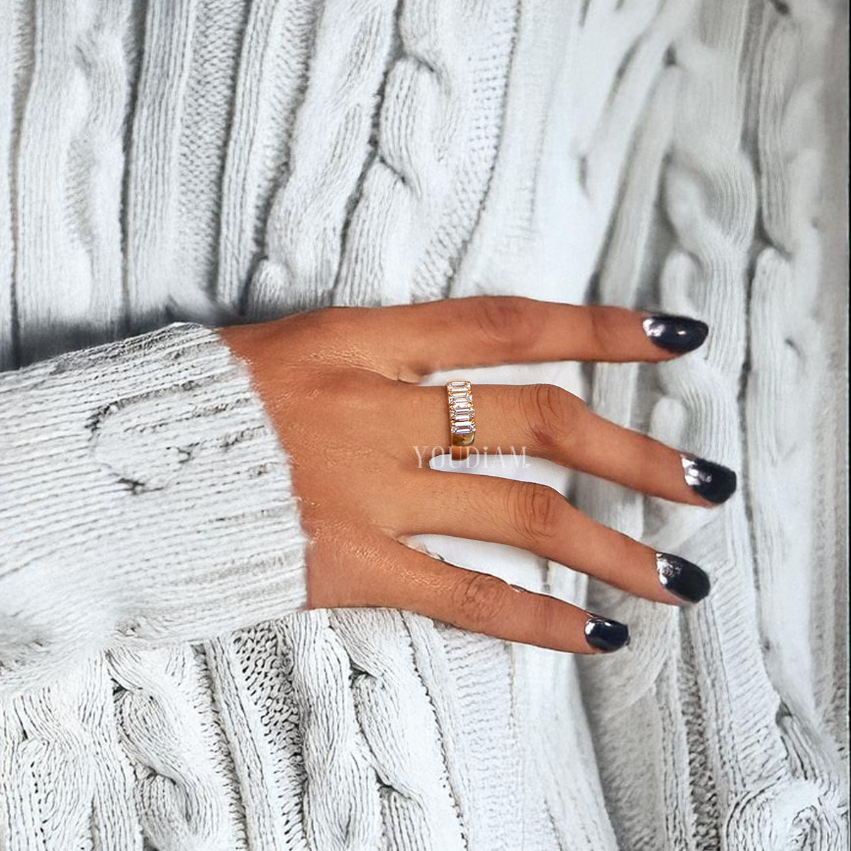 Tetrad Emerald Ring, Four Emerald Cut Lab Diamonds Band