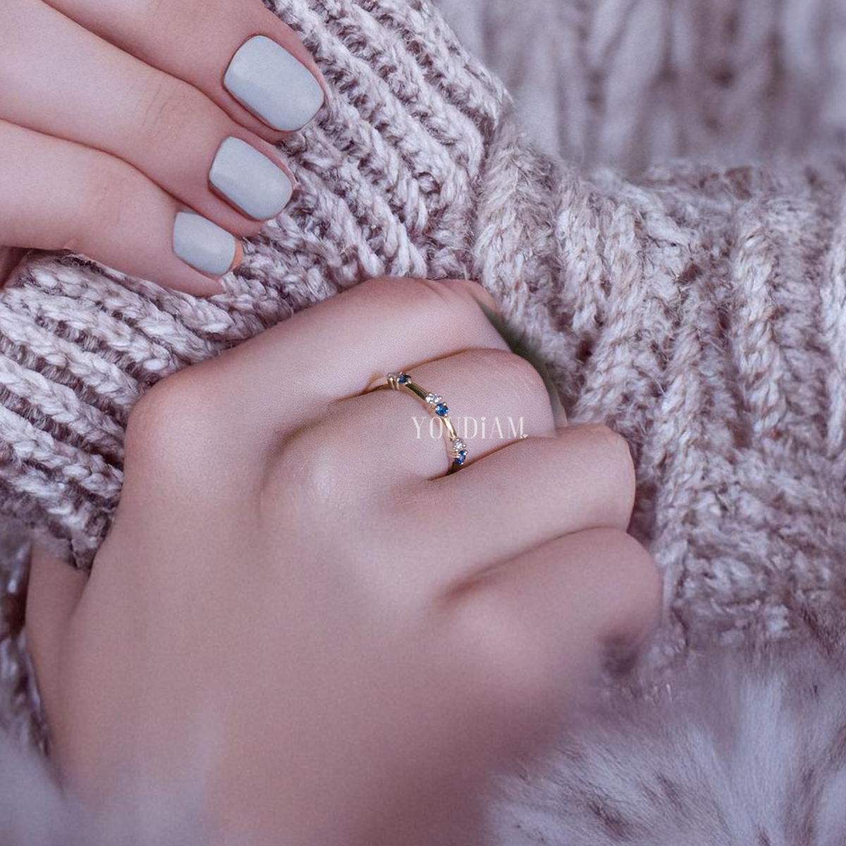 White Lab Diamond and Blue Sapphire Alternately Set Band, Blue Sapphire Band - EUDJLR60