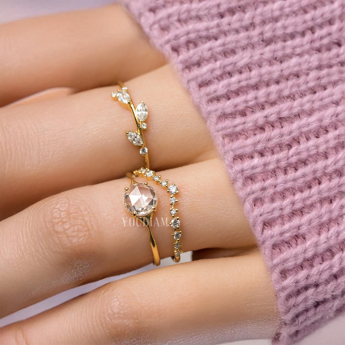 0.85ct Rose Cut Lab Diamond Ring, Rose Cut Solitaire Ring - EUDJLR48