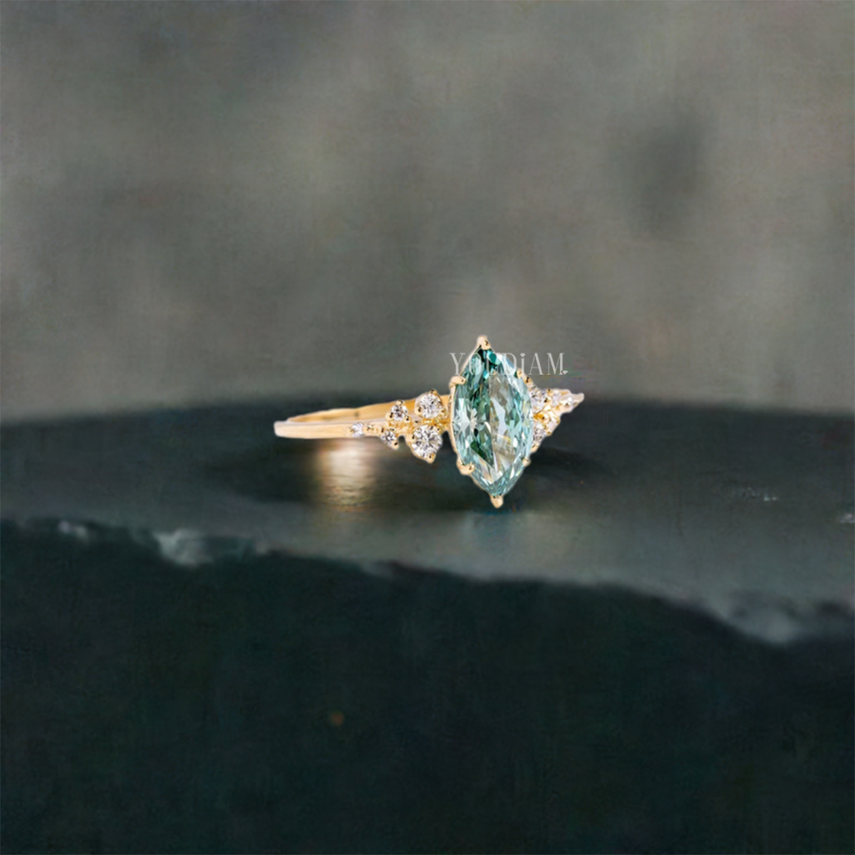 1ct Marquise Blue-Green Lab Diamond Ring with Accented Diamonds - EUDJLR49