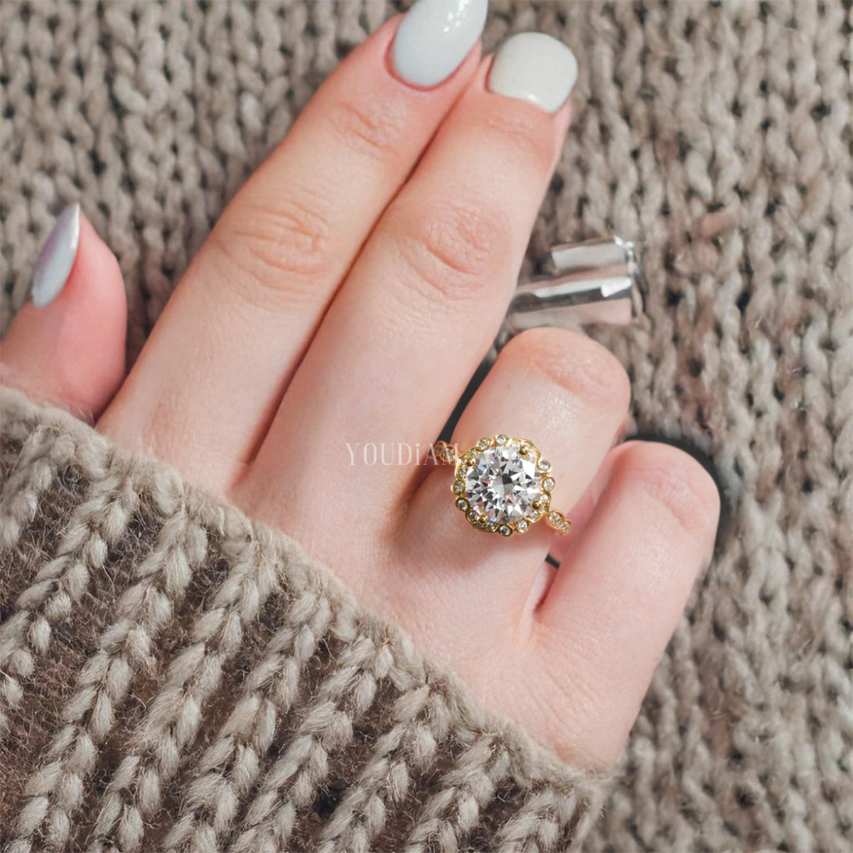 Floral Engagement Ring with Ornately Designed Halo, Floral Lab Diamond Ring - EUDJLR51