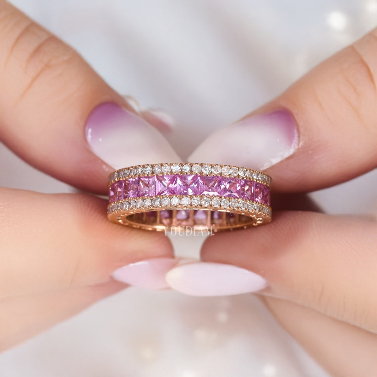 Princess Cut Natural Pink Sapphire Eternity Band Ring in Natural Channel Setting - EUDJLR65