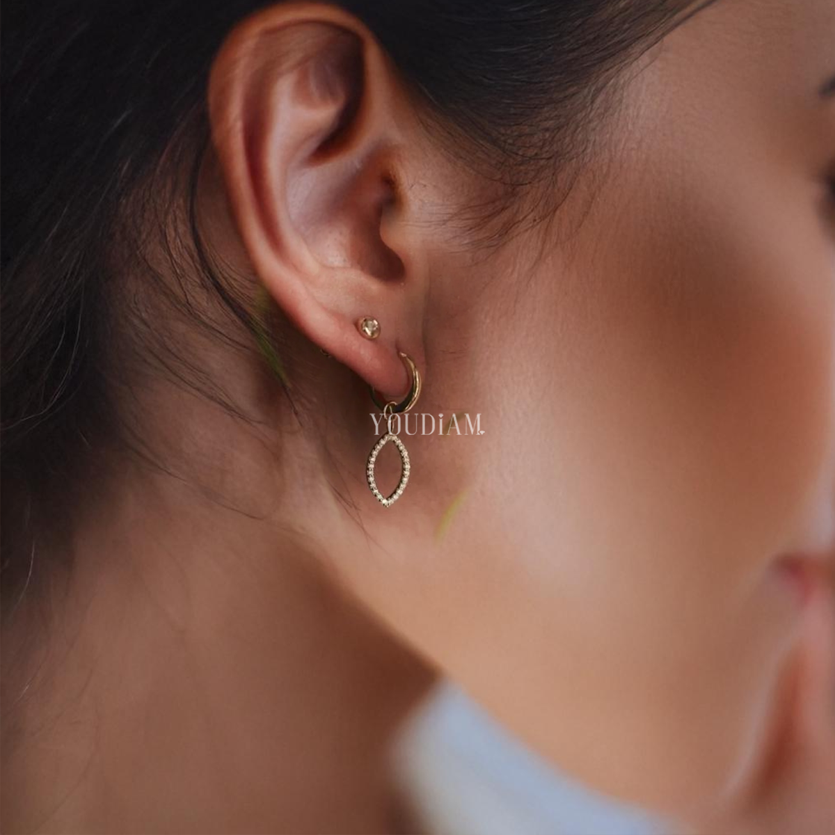 Petal Border Pave Lab Diamond Drop Hoops, Petal Shape Diamonds Earrings - EUDER08