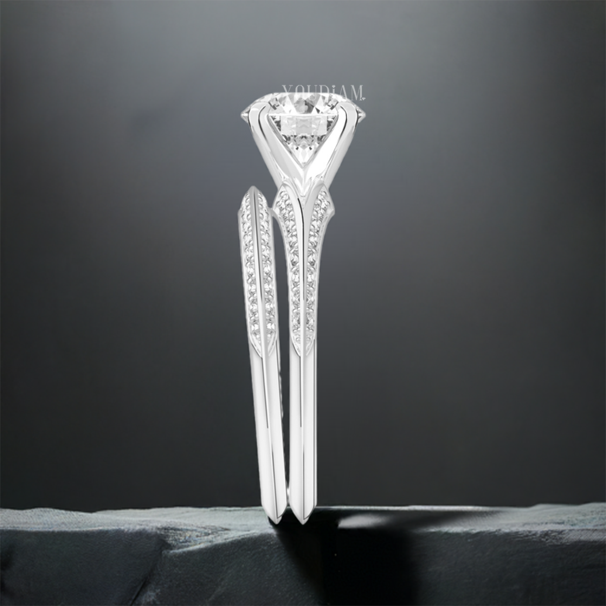 Petite Twist Lab Diamond Ring with Split-Shank Knife Edge and Pave Diamonds - EUDJLR50