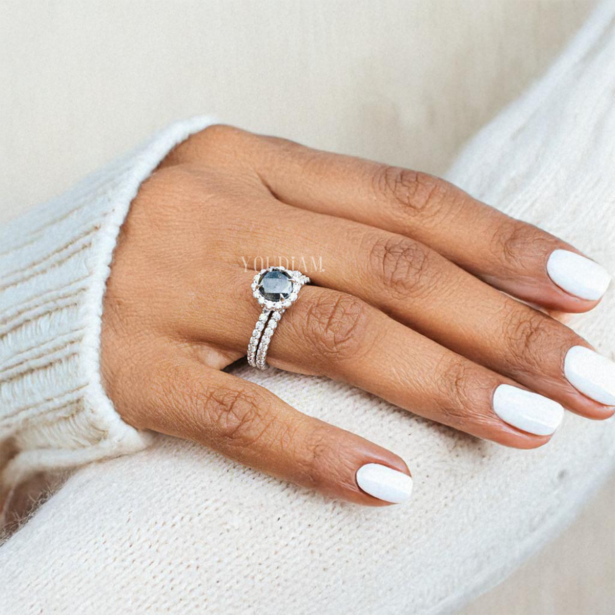 Round Salt and Pepper Diamond Ring with Halo and Dainty Band, Night Sky Style Ring - EUDJLR52