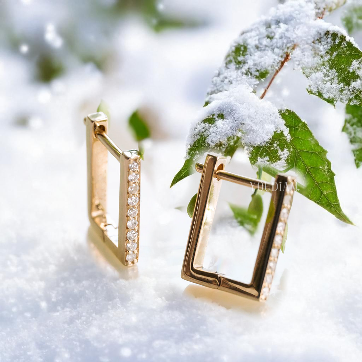 Square Shape Earrings with Pave Lab Diamonds, Dainty Lab Diamonds Earrings - EUDER05