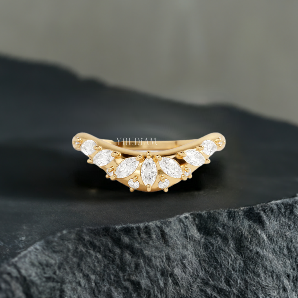 Stacking Band with Marquise Lab Diamonds, Curved Wedding Band - EUDJLR41