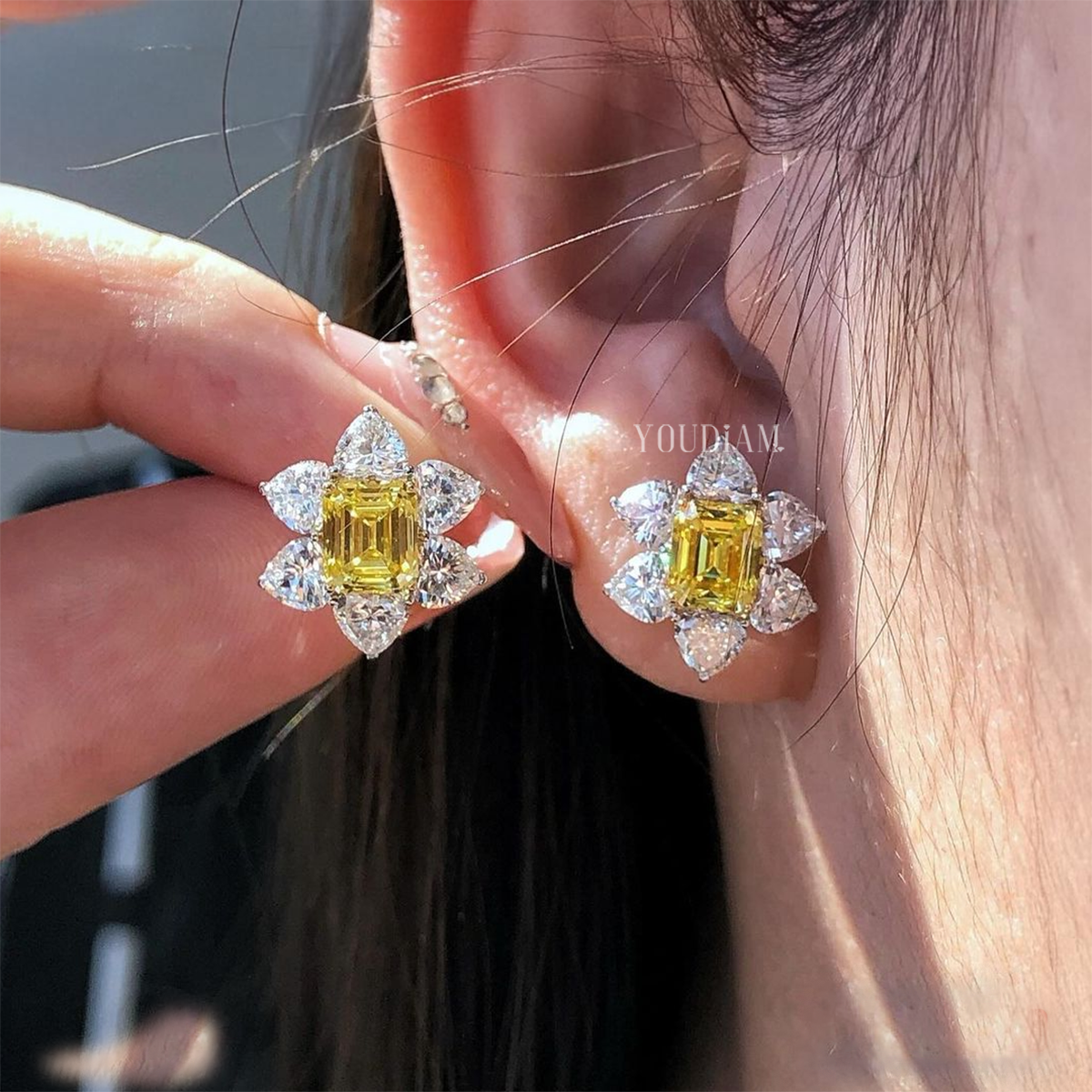 Sunflower Earrings with Yellow Emerald and White Heart Lab Diamonds, Heart Cut Earrings - EUDER04