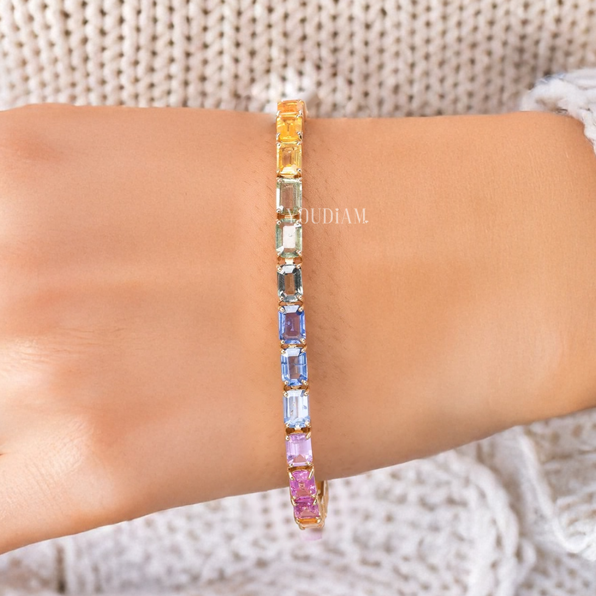 18ct Tennis Bracelet with Bright Rainbow Sapphires in Emerald Cut - EUDBL02