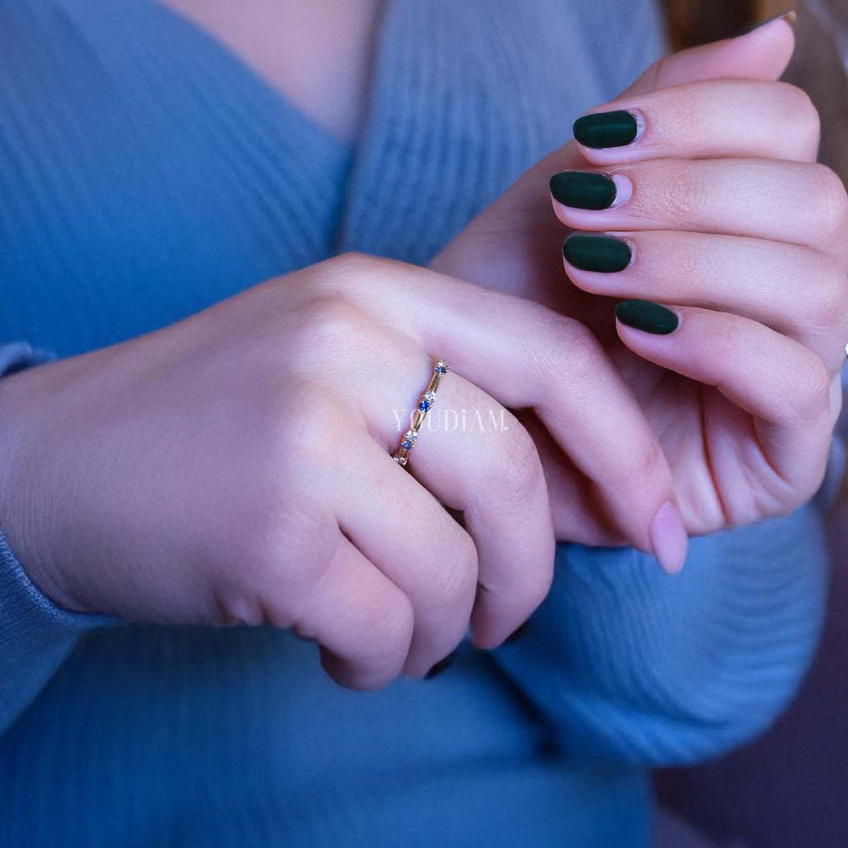 White Lab Diamond and Blue Sapphire Alternately Set Band, Blue Sapphire Band - EUDJLR60