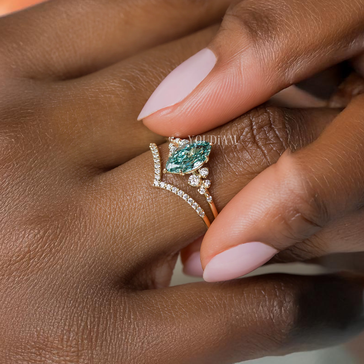 1ct Marquise Blue-Green Lab Diamond Ring with Accented Diamonds - EUDJLR49