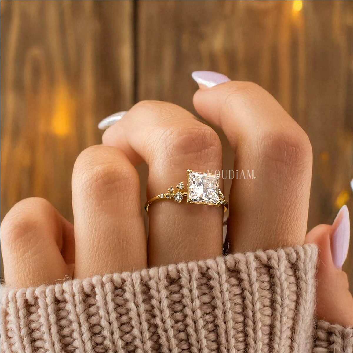 2ct Princess Cut Diamond Ring With 10 Accented Diamonds - EUDJLR45