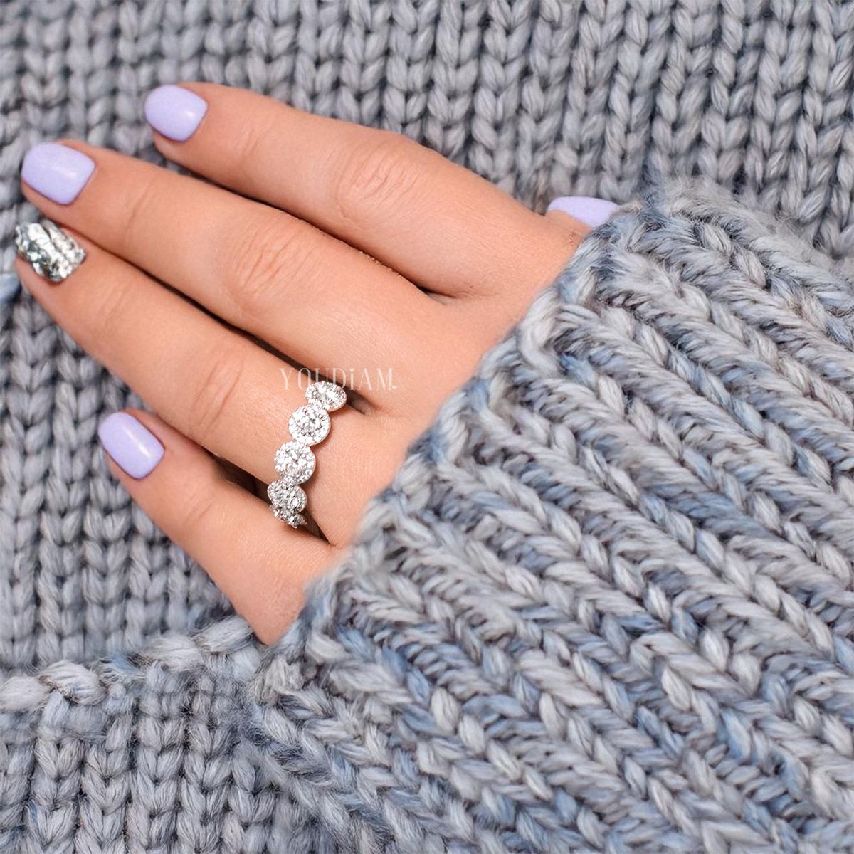 Five Round Lab Diamonds with Five Halo Band, Five Stones Band, Half Eternity Band - EUDJLR44