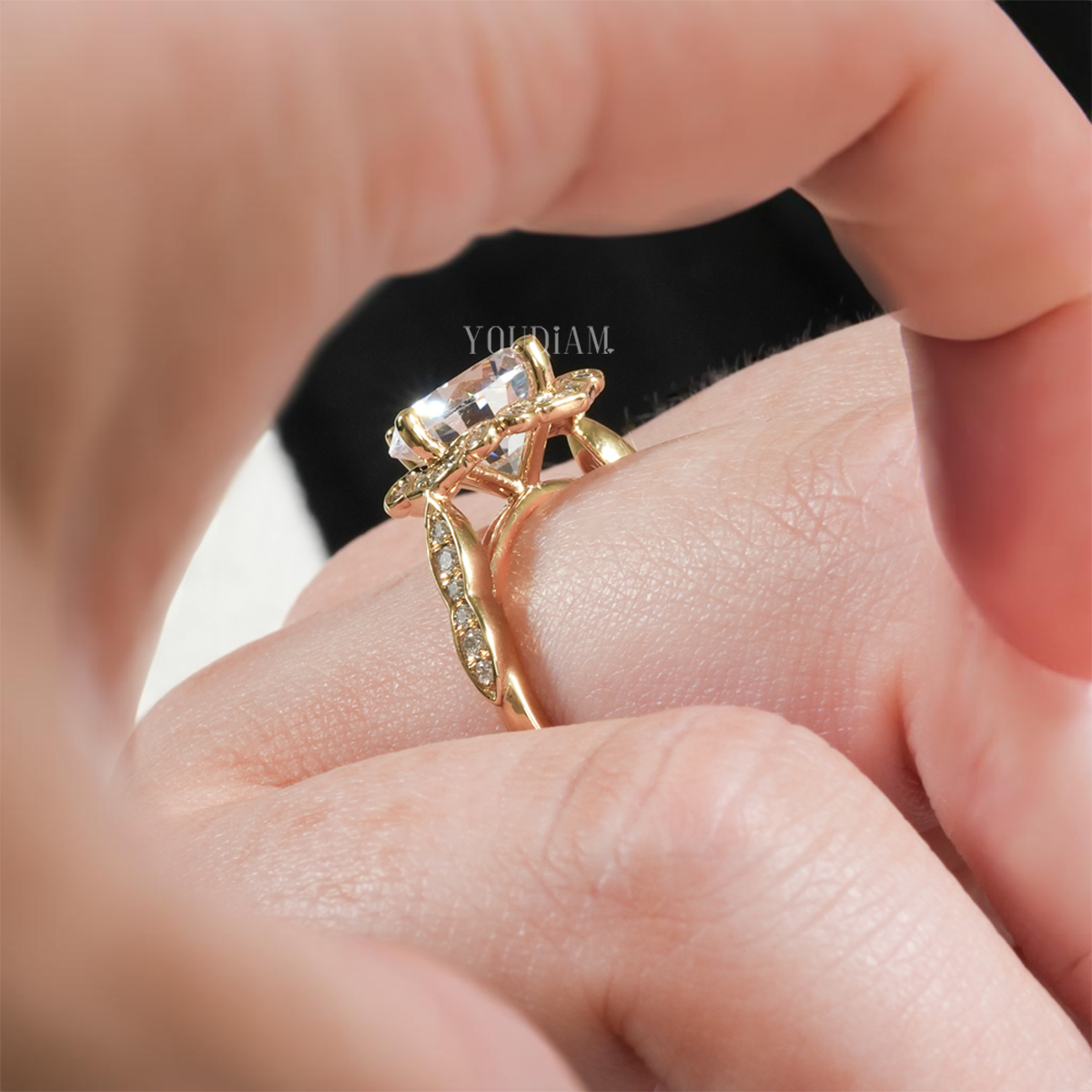 Floral Engagement Ring with Ornately Designed Halo, Floral Lab Diamond Ring - EUDJLR51